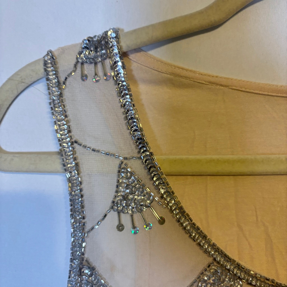 Beaded Sequin Mesh Tank Top Nude Silver Embellished Evening Cocktail Top M - Picture 6 of 8